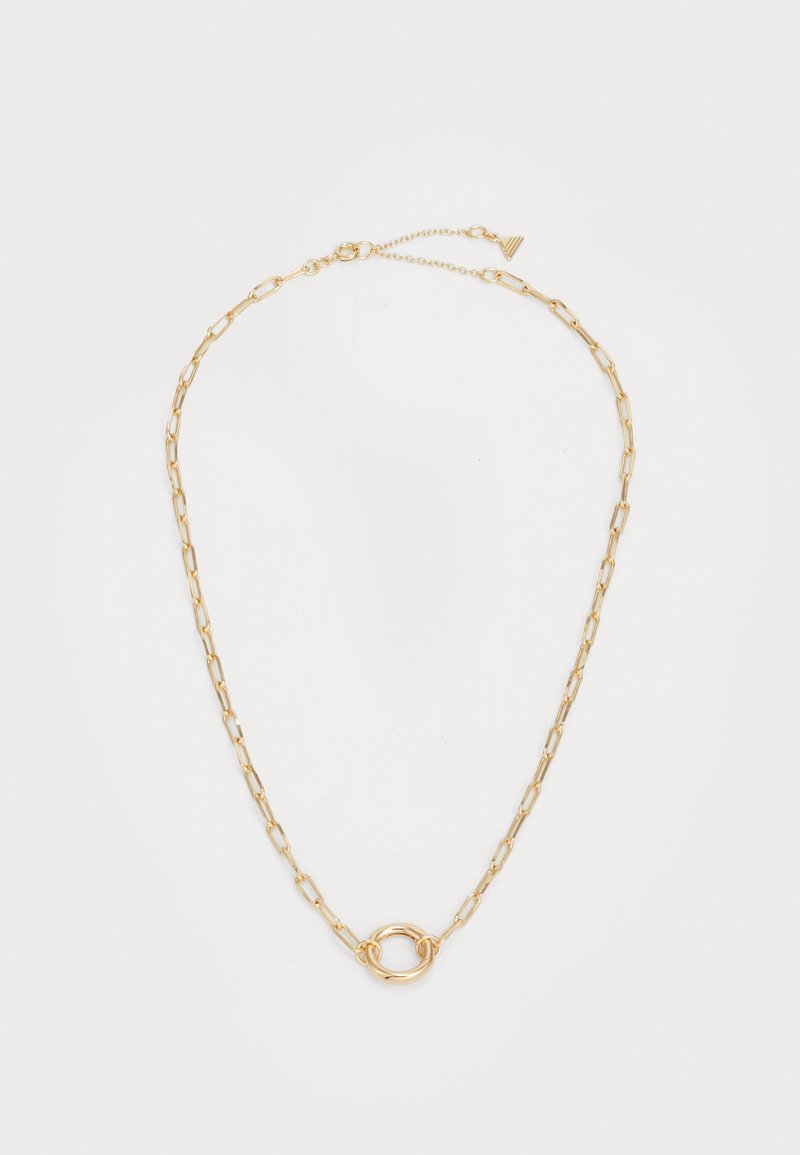 Gold chain necklace with elongated oval links and a circular accent. Features a lobster clasp and adjustable length. Smooth texture.