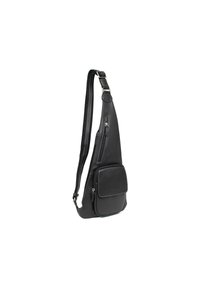 Borsa a tracolla in pelle nera con una texture liscia, dotata di una grande tasca frontale, scomparti con zip e tracolla regolabile.