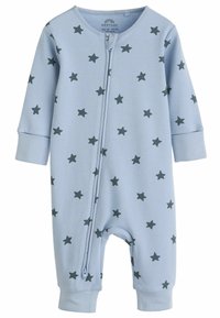 Blå långärmad babydräkt med frontdragkedja, prydd med mörkgrå stjärnmönster, tillverkad av mjukt bomullsmaterial och ribbade ärmslut.