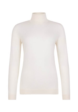 Langærmet crèmefarvet rullekravesweater med ribstrikkede manchetter og kant, vist på en ensfarvet hvid baggrund.