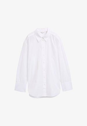 Weißes Langarmhemd aus Stoff, mit klassischem Kragen, Knopfverschluss vorne und abgerundetem Saum. Glatte Textur mit minimaler Ausstattung.