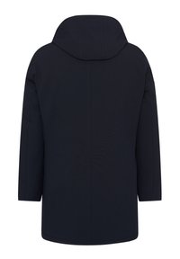 Tummansininen huppari, jossa on pitkät hihat, puhdas muotoilu ja suora leikkaus. Pehmeä tekstuuri, ei näkyviä kuvioita tai metalliosia.