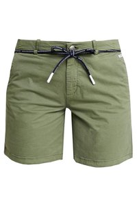 Olivově zelené šortky vyrobené z bavlny, s elastickým pasem na šňůrku a námořnickým a bílým logem, s klasickým rovný střihem.