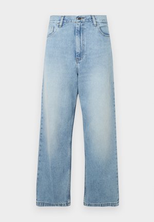 Lyseblå vide jeans laget av denim. Har høy midje, standard lommer og en falmet finish. Rett snitt med rene kanter.