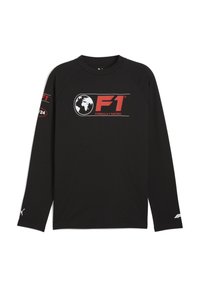 Sort langærmet skjorte med rødt "F1" logo og globegrafik på fronten og venstre ærme. Lavet af blødt, glat stof.