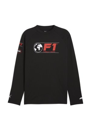 Sort langærmet skjorte med rødt "F1" logo og globegrafik på fronten og venstre ærme. Lavet af blødt, glat stof.