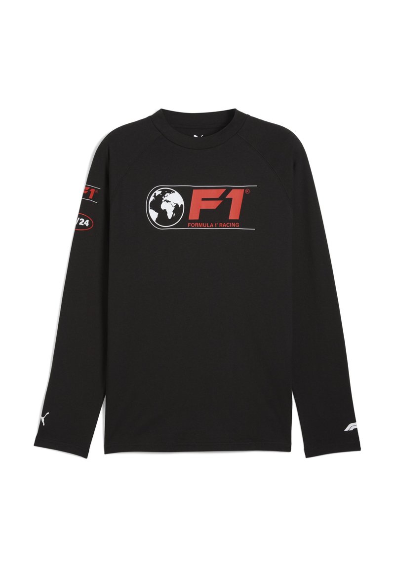 Sort langærmet skjorte med rødt "F1" logo og globegrafik på fronten og venstre ærme. Lavet af blødt, glat stof.