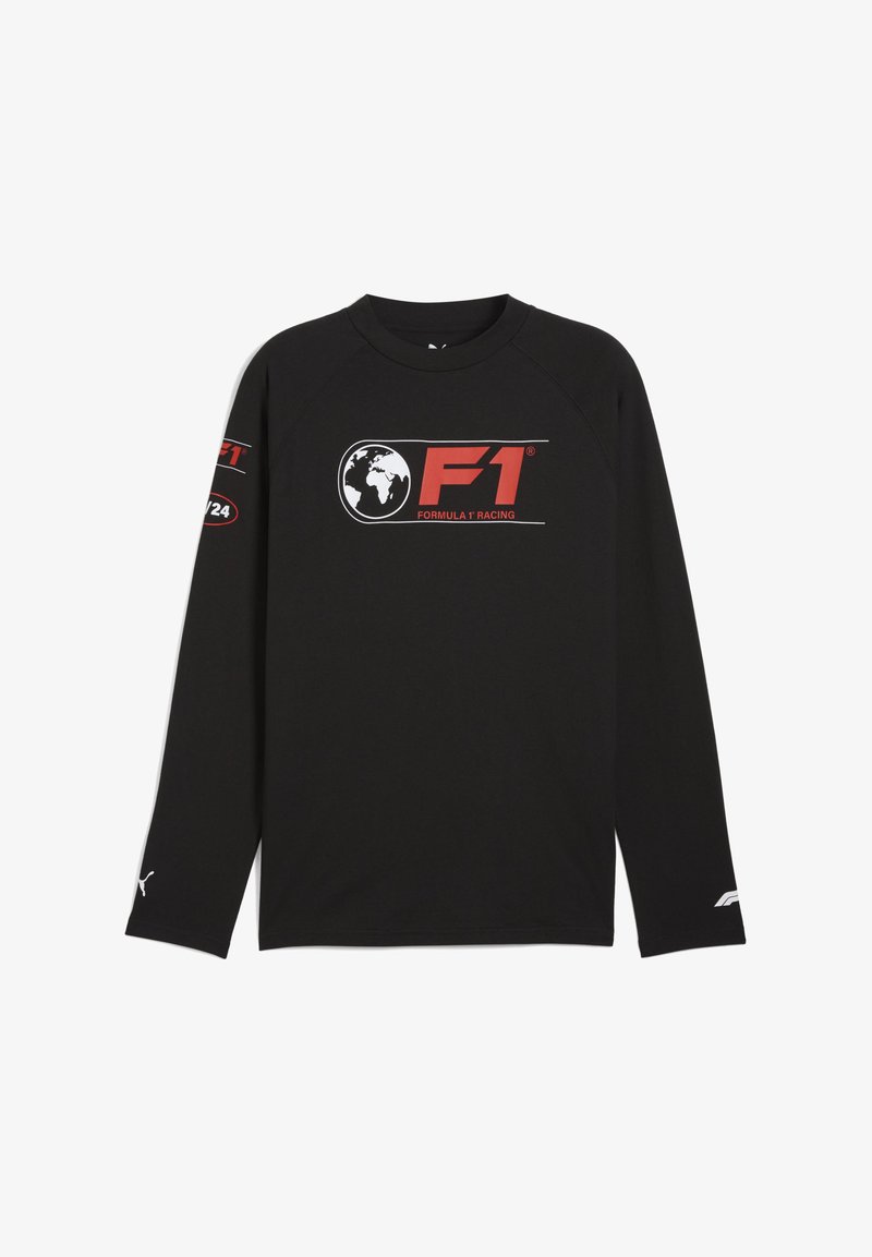 Mustat pitkät hihaset paidat, joissa on punainen "F1" -logo ja maapallon grafiikka edessä ja vasemmassa hihassa. Valmistettu pehmeästä ja sileästä kankaasta.