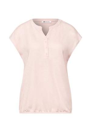 Blusa de manga corta color rosa claro con escote redondo con muesca, tres botones delanteros, corte holgado y dobladillo elástico, marca Street One.