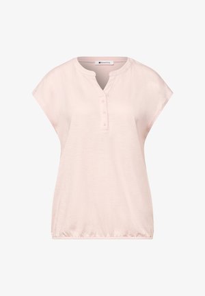 Blusa de manga corta color rosa claro con escote redondo con muesca, tres botones delanteros, corte holgado y dobladillo elástico, marca Street One.