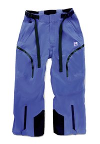 Pantalones de nieve morados con detalles en negro, cintura ajustable, bolsillos laterales con cremallera y un material impermeable y elegante. Adecuados para actividades al aire libre.
