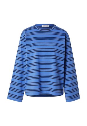 Blue long-sleeve shirt with black horizontal stripes and a round neckline, labeled "EDITED" on the inside collar.