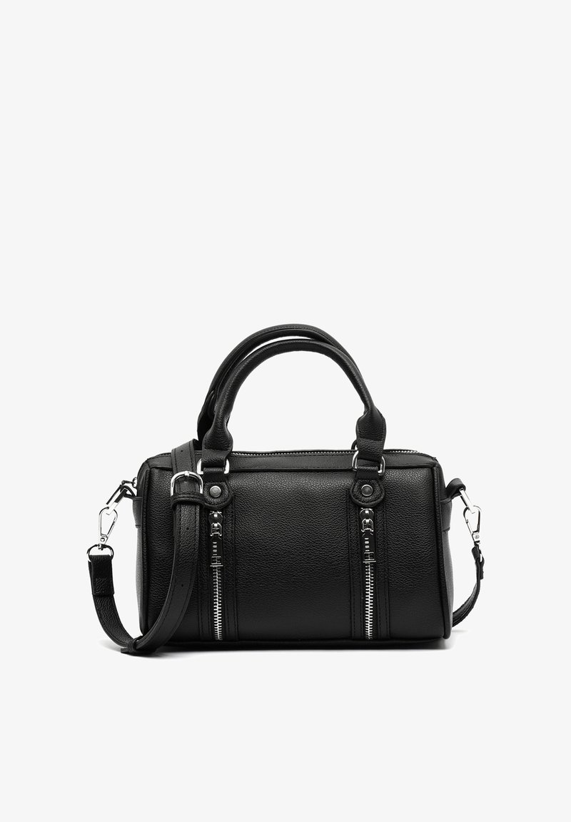 Juodas odinis rankinukas su dviem viršutiniais rankenomis, reguliuojama petneša ir sidabrinės spalvos užtrauktukais šonuose. Raštuota paviršius, stačiakampio formos.