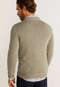 Pull en tricot vert clair avec un col et un ourlet côtelés. Il présente des manches longues et une texture lisse, superposé sur une chemise claire.