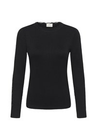 Top negru cu mânecă lungă, cu o textură dintr-un material côté și decolteu din dantelă. Are mâneci ajustate și un design minimalist, potrivit pentru stratificare.