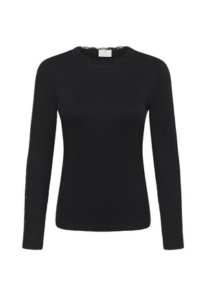 Camiseta negra de manga larga con textura acanalada y escote de encaje. Presenta mangas ajustadas y un diseño minimalista, ideal para superponer.