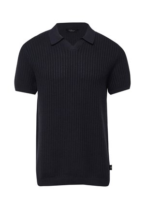 Polo en maille noire à manches courtes avec motif texturé, col en V, et ourlet ainsi que poignets côtelés.