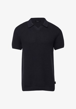 Polo en maille noire à manches courtes avec motif texturé, col en V, et ourlet ainsi que poignets côtelés.