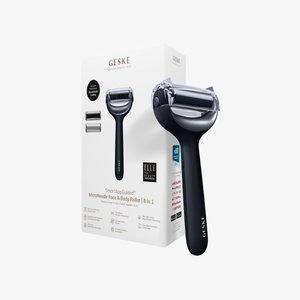 Zwarte handgreep micro-naald gezicht en lichaam roller, met een doorzichtige kop en twee meegeleverde afneembare roller koppen, verpakt in een witte doos.