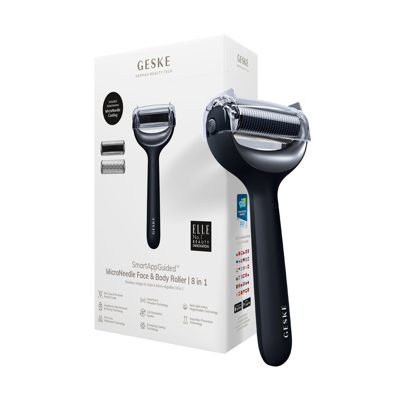 Svart handtag mikronåls ansikts- och kroppsrulle, med genomskinligt huvud och två inkluderade avtagbara rullhuvuden, förpackad i en vit låda.