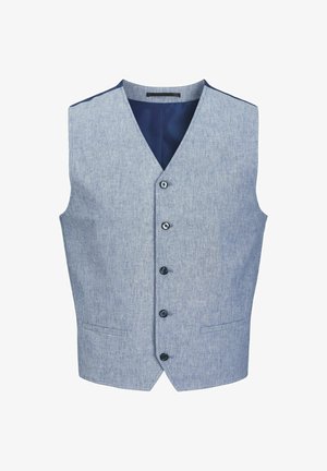 Világoskék, textúrázott anyagból készült mellény, V-kivágással, hat gombbal és két elülső zsebbel, sötétkék béléseléssel.