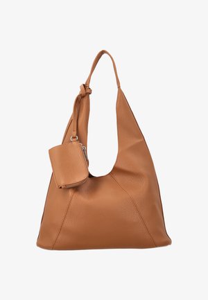 Bruine leren schoudertas met een geknoopte riem en een klein aangehecht ritsvakje op een witte achtergrond.