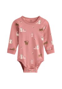 Combinaison à manches longues rose avec divers motifs de chats, fabriquée en tissu doux. Présente des fermetures à pression à l'arrière et un col rond.