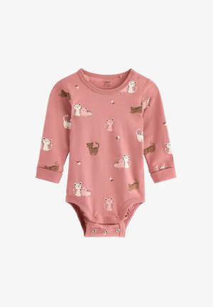 Long-sleeve pink onesie with various cat patterns, made from soft fabric. Features snap closures at the bottom and a round neck.