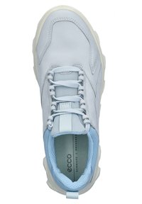Scarpa sportiva azzurro chiaro con tomaia in pelle liscia e linguetta in rete testurizzata. Design con lacci, soletta imbottita e suola spessa bianca.