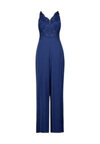 Tengerészenkék overál, csipkés felsőrésszel, V-kivágással és széles szárú nadrággal. Textúrák kontrasztját adja a csipke díszítés a felső részen.