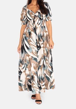 Maxiklänning med ett blommigt abstrakt mönster i teal, brunt och kräm, med korta puffärmar, figurnära överdel och utsvängd kjol.