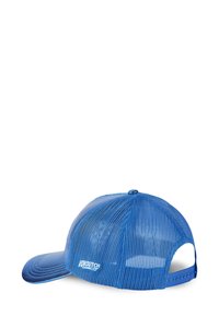 Blue snapback cap with a mesh back, curved visor, and noticeable logo accent on the side. Textured fabric with breathable design.