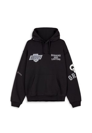 Black hoodie made of cotton blend, featuring a front kangaroo pocket, and graphic prints reading "REYES" and "BURNING AND LOOTING."
