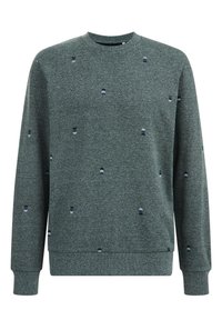 Grön crewneck sweatshirt med små, spridda, abstrakta flerfärgade prickmönster, ribbade ärmslut och nederkant.