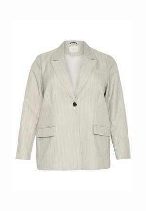 Light gray blazer with vertical stripes, single black button closure, notch lapels, and two front pockets. Textured fabric and unlined interior.