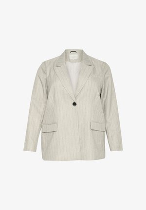 Blazer grigio chiaro con righe verticali, chiusura con un bottone nero singolo, rever a punta e due tasche frontali. Tessuto strutturato e interno non foderato.