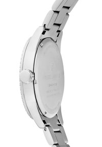 Montre solaire en acier inoxydable argenté avec finition polie, boîtier rond et couronne texturée, dotée d'un fond gravé et d'un bracelet à maillons.