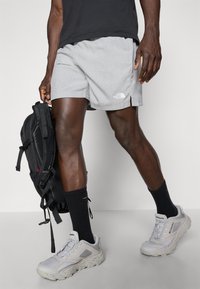 Pelēki, viegli šorti ar sānu spraugām, uz kuriem ir "The North Face" logo. Apvienoti ar pelēkiem apaviem un melniem īsiem zeķēm, turēt melnu mugursomu.