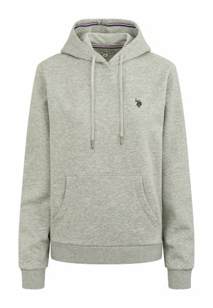 Grauer Hoodie mit Kordelzug, weichem Material, Fronttasche und kleinem Logo auf der Brust. Verfügt über ein gestreiftes Innenfutter.