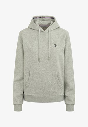 Szary hoodie ze sznurkiem, miękka tekstura, kieszeń z przodu i małe logo na klatce piersiowej. Posiada paskowane wykończenie wewnętrzne.