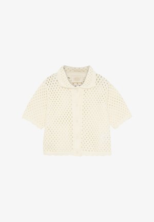 Kurzärmelige, cremefarbene Strickjacke mit einem offenen Strickmuster, ausgestattet mit einem Kragen, Knopfverschluss und gezackten Kanten.