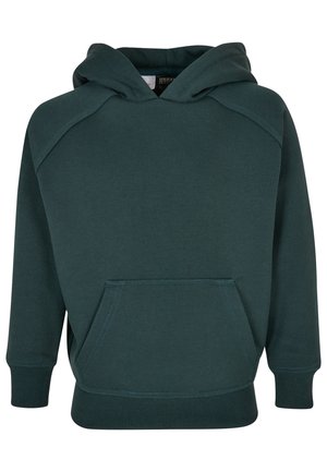 Ciemnozielona bluza z kapturem typu pullover z długimi rękawami raglanowymi, przednią kieszenią kangurzą oraz ściągaczami przy rękawach i u dołu.
