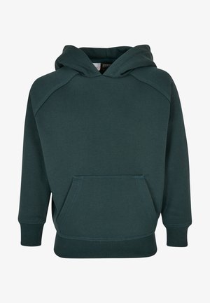 Ciemnozielona bluza z kapturem typu pullover z długimi rękawami raglanowymi, przednią kieszenią kangurzą oraz ściągaczami przy rękawach i u dołu.
