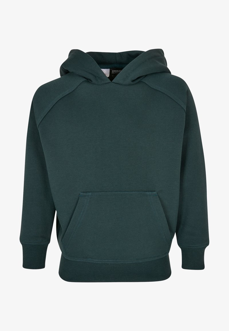 Sweat à capuche vert foncé, manches raglan longues, poche kangourou devant et bords-côtes aux poignets et à l'ourlet.