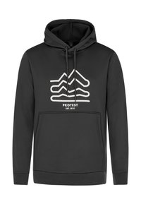 Zwarte hoodie van zacht materiaal, met een voorzak, trekkoord capuchon en een wit grafisch patroon op de borst.