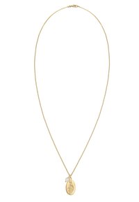 Goldfarbene Halskette mit zartem Chain und einem ovalen Anhänger, der eine gravierte Figur zeigt, akzentuiert durch kleine Perlen.