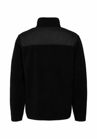 Čierna fleecová bunda s dlhými rukávmi, vysokým golierom a zosilneným ramenom, zobrazená zozadu na bielom pozadí.