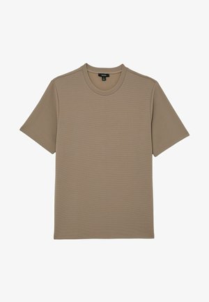 Tricou maro deschis cu mâneci scurte și textură, decolteu rotund, așezat plat pe un fundal alb, văzut din față și cu eticheta în interiorul gulerului.