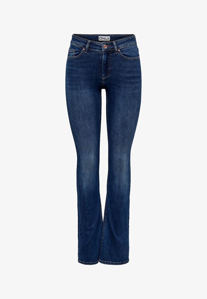 Uitlopende denim jeans in donkerblauw met een lichte vervaging, vijf-pocket ontwerp, ritsluiting en knoopsluiting. Voorzien van ceintuurlussen en een merkband.