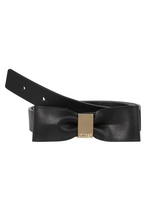 Zwarte leren riem met een strikvormig detail en een gouden rechthoekige gesp met het gegraveerde merknaam Guess.